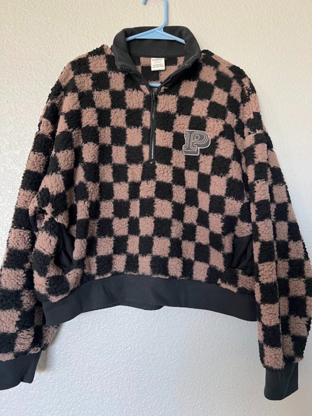 Victoria’s Secret PINK Logo Checkered Cozy Fleece Sherpa 1/2 Zip Pullover Large